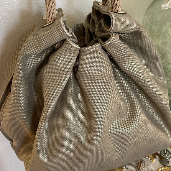 Michael Kors Gold Metallic Marina Large Canvas Drawstring Tote Hobo Bag - Picture 15 of 16